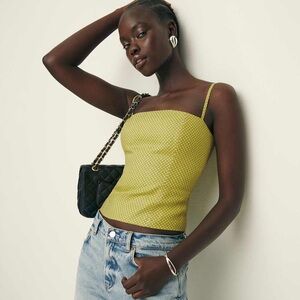 Reformation Overland Linen Top Chartreuse Polka Dot Camisole